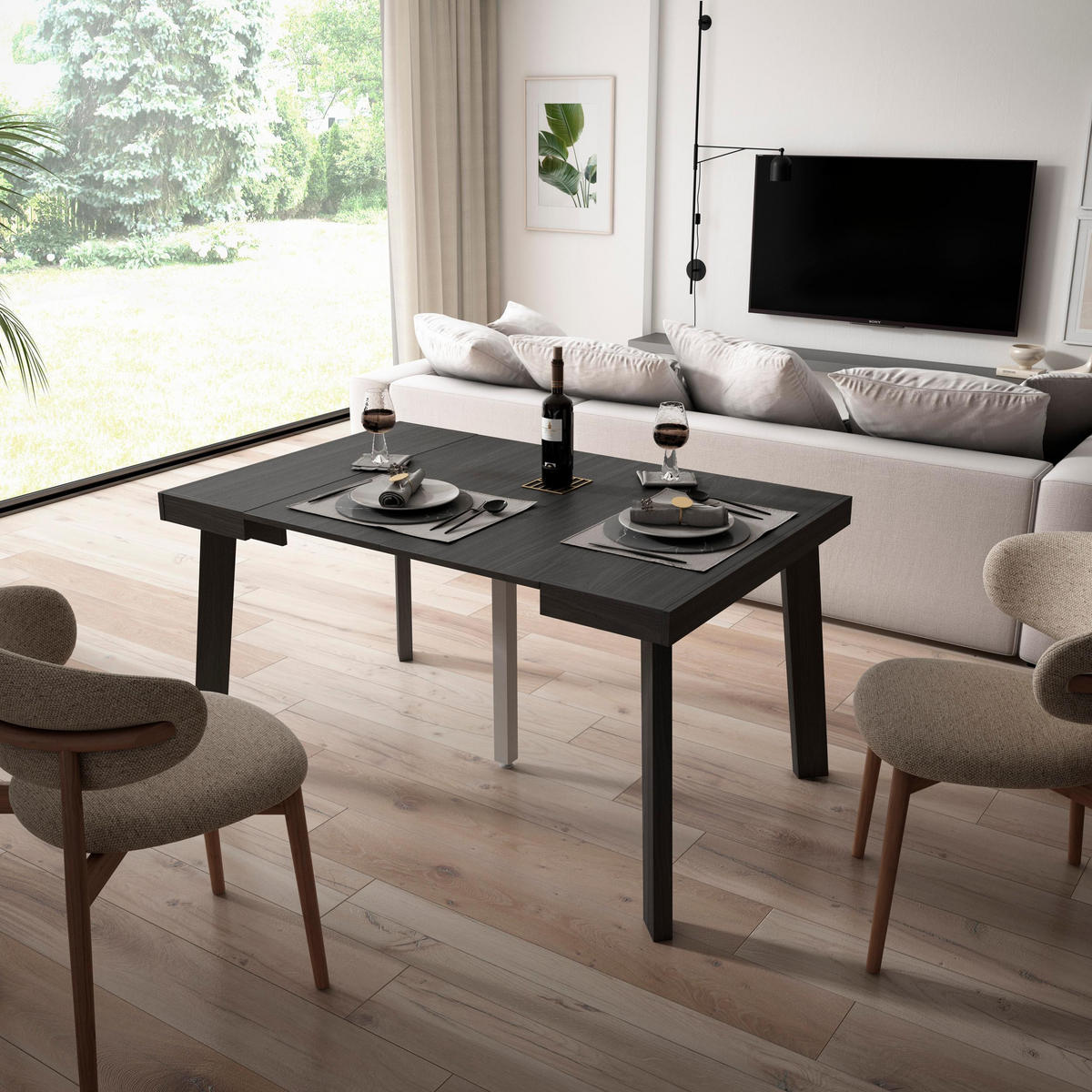 KONSOLENTISCH ausziehbar 58 bis 140cm, für 6 Gäste, schwarz, 90/58/73cm - Schwarz, Holzwerkstoff (90/140/73cm) - Skraut Home