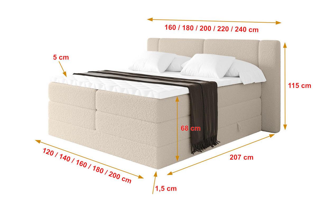 BOXSPRINGBETT mit Matratze H3/H4 - EVON KING - 140x200 cm Dunkelbeige - Cappuccino, Holzwerkstoff (140/200cm) - ALTDECOR