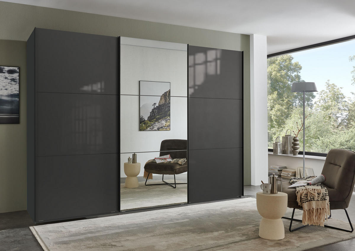 SCHWEBETÜRENSCHRANK 3-türig B300/H216/T65 cm in Anthrazit mit Glasfront und Spiegel inkl. Vollausstattung / 22041 - Anthrazit/Schwarz, Holzwerkstoff/Metall (300/216/65cm) - luma-home