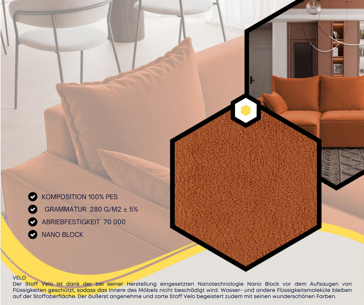 ECKSOFA Tobi mit Bettkasten und Schlaffunktion, L-Form, Velourstoff, Universal - Rostfarben, Holzwerkstoff (246/145cm) - 4ALL HOME