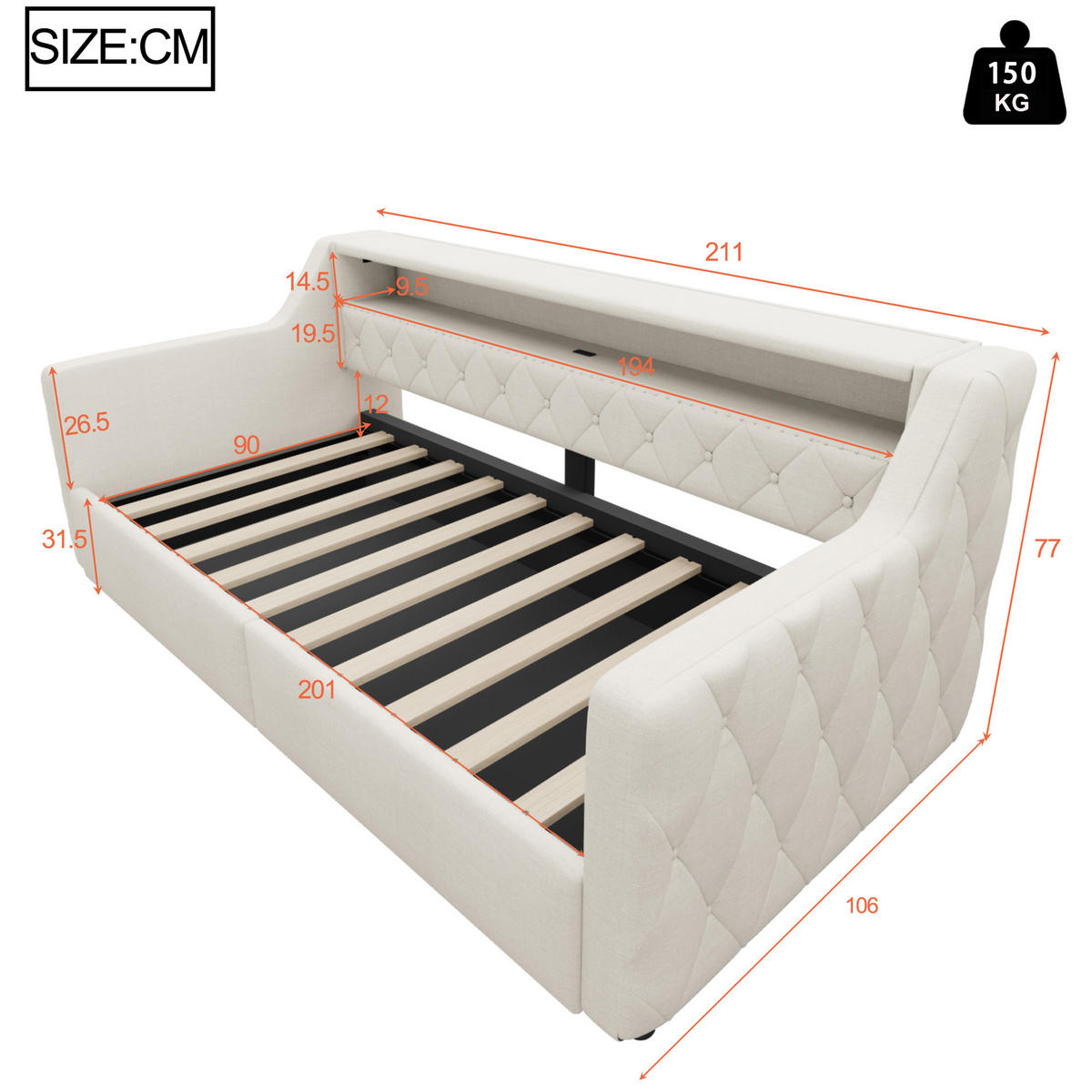 TAGESBETT 90/200 cm mit LED und Hydraulik-Stauraum, DE-42017, in Beige - Beige, Holzwerkstoff (90/200cm) - ComfortXL