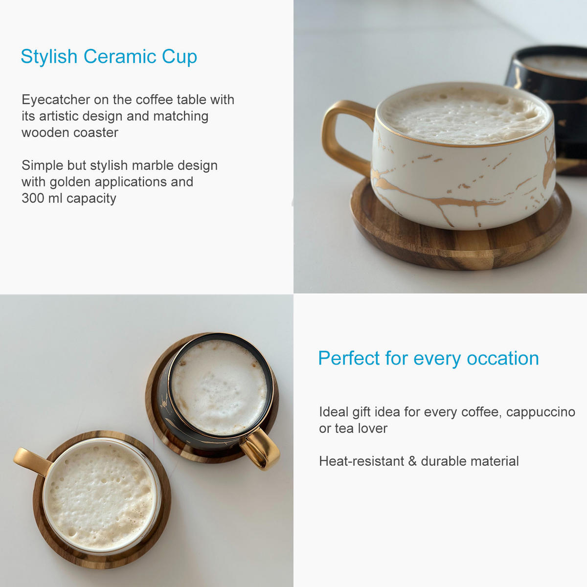 KAFFEETASSE Marmor Design 200 ml mit Untersetzer - Weiß, Keramik (13/6.3/13cm) - Intirilife