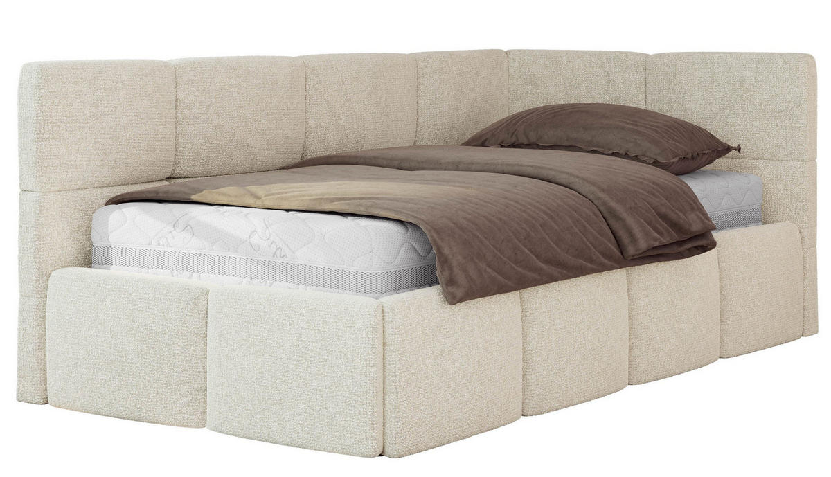 JUGENDBETT ARVO 90/200 - Creme Strukture - Pocket-Matratze - Rechts Seite - Creme, Textil (90/200cm) - MKS