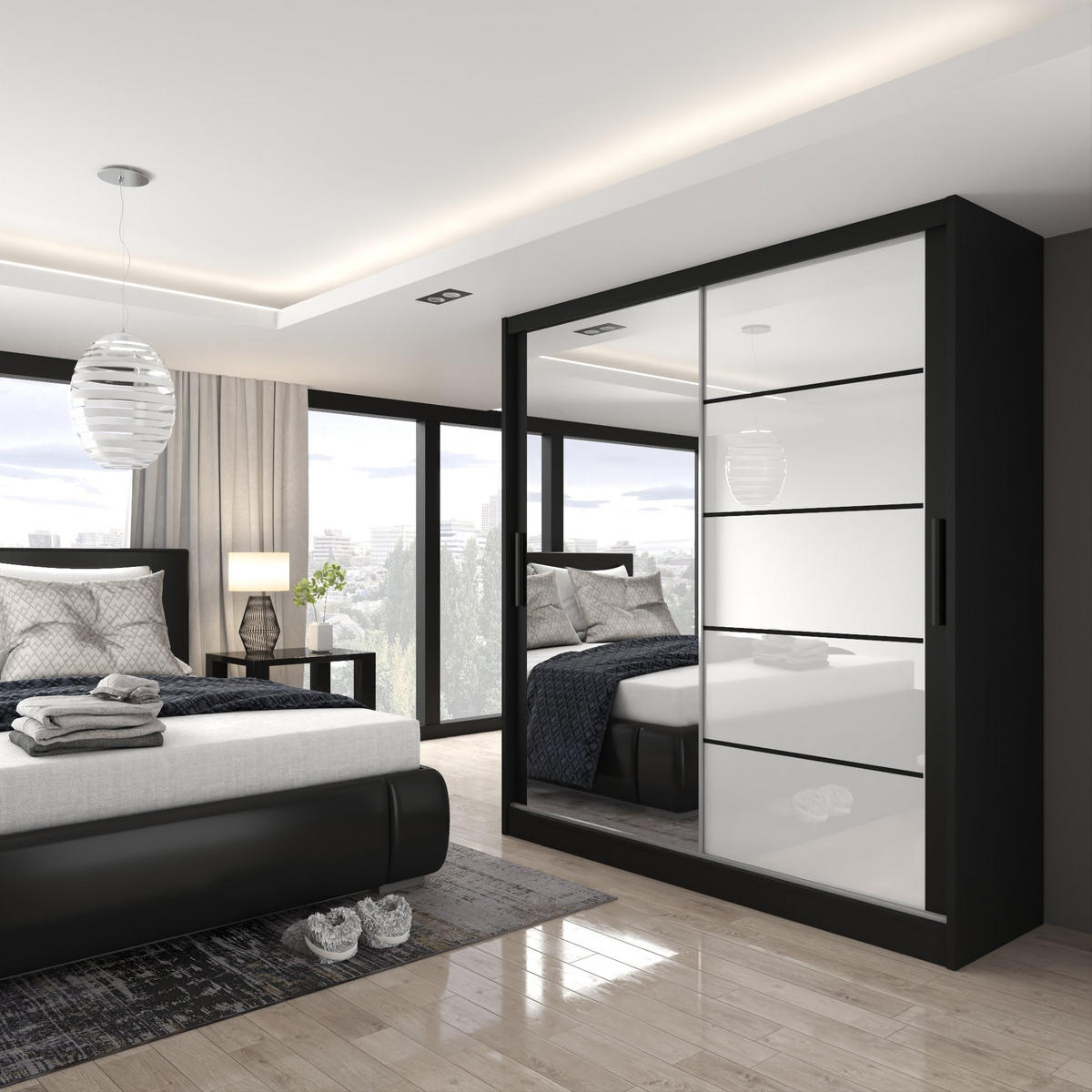 BELINI Verona MGB, posuvné dvere, skriňa, 158 cm, čierno-biela, vysoký lesk – šatníková skriňa so zrkadlom a 2 zásuvkami, do spálne - biela, drevo (158/216/60cm) - B BELINI GROUP
