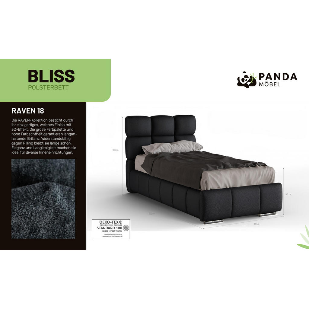 Thumbnail - Panda Möbel Polsterbett, Schwarz, Holz, Mode, 90x206 cm, Oeko-Tex® Standard 100, Schlafzimmer, Betten, Polsterbetten