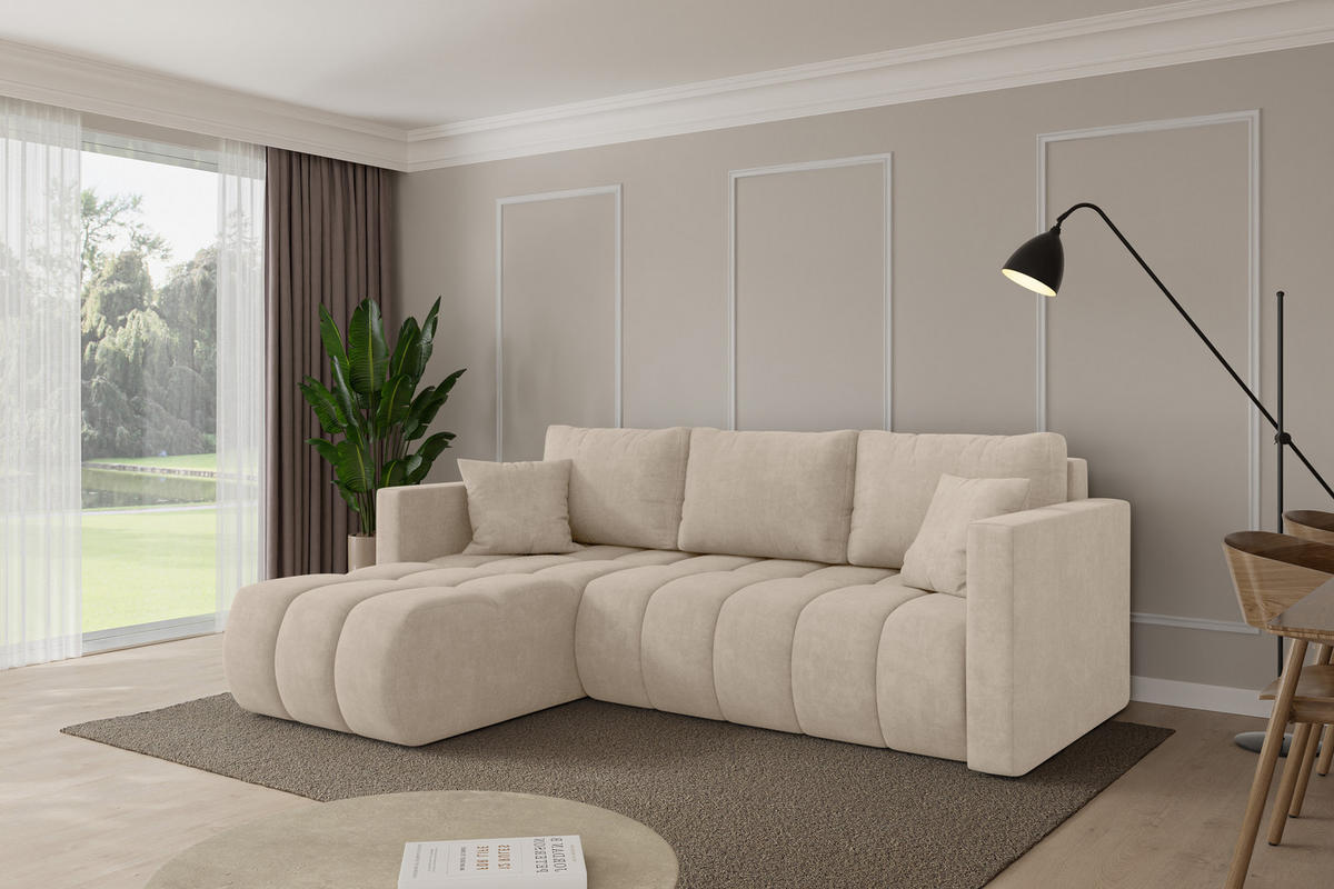 ROHOVÁ SEDAČKA s funkcí spaní, otoman vlevo GARD-L 226x146x85 béžová velur - černá/Sahara, kompozitní dřevo/textil (226/146cm) - ALTDECOR