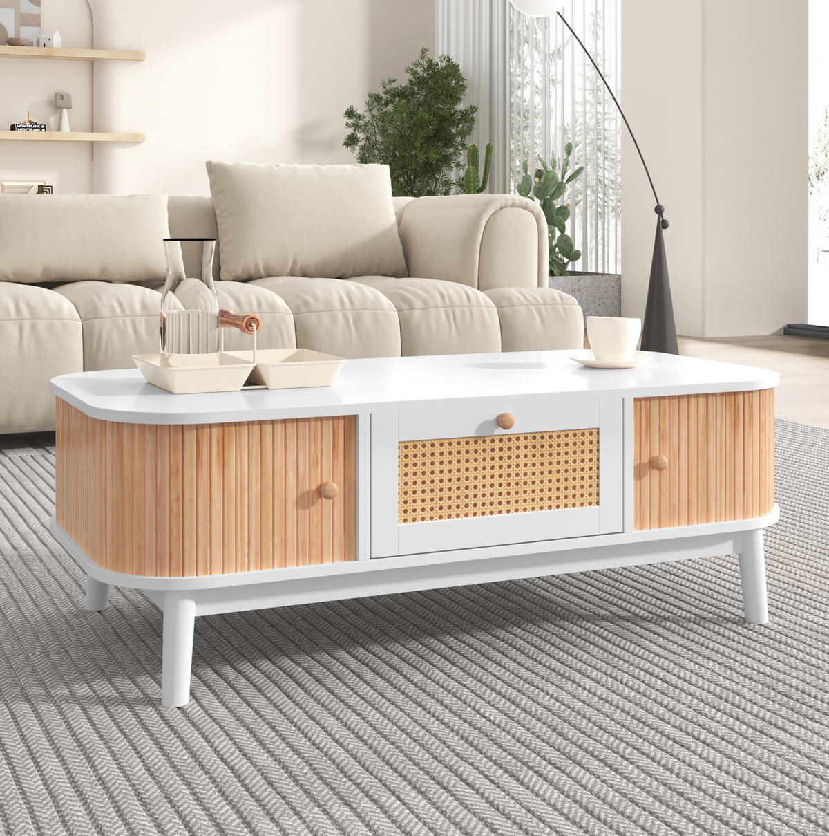COUCHTISCH 110/55/38,5 cm in Weiß mit Rattan-Details und Stauraum - Weiß, Holzwerkstoff (110/55/38.5cm) - Flora Grace