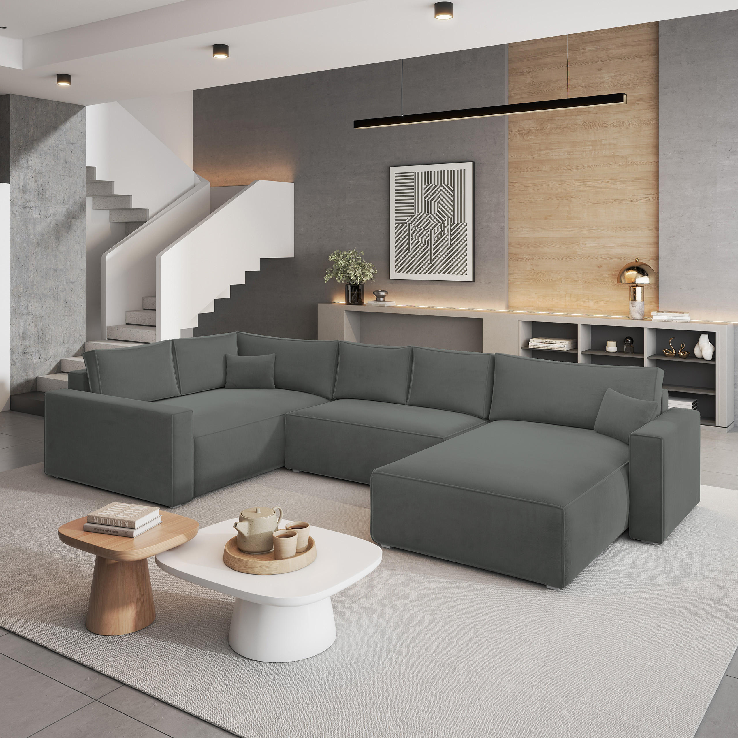 WOHNLANDSCHAFT VELAMI L-S Grau Velours-Stoff mit Schlaffunktion - Grau, Holz (365/83/194cm) - MASSENO