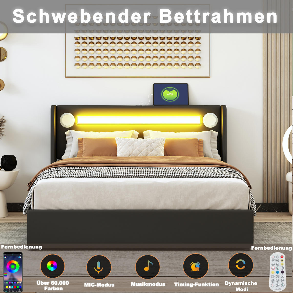 POLSTERBETT 160x200 LED Bluetooth USB Stauraum Schwarz - Schwarz, Holzwerkstoff - FLIEKS