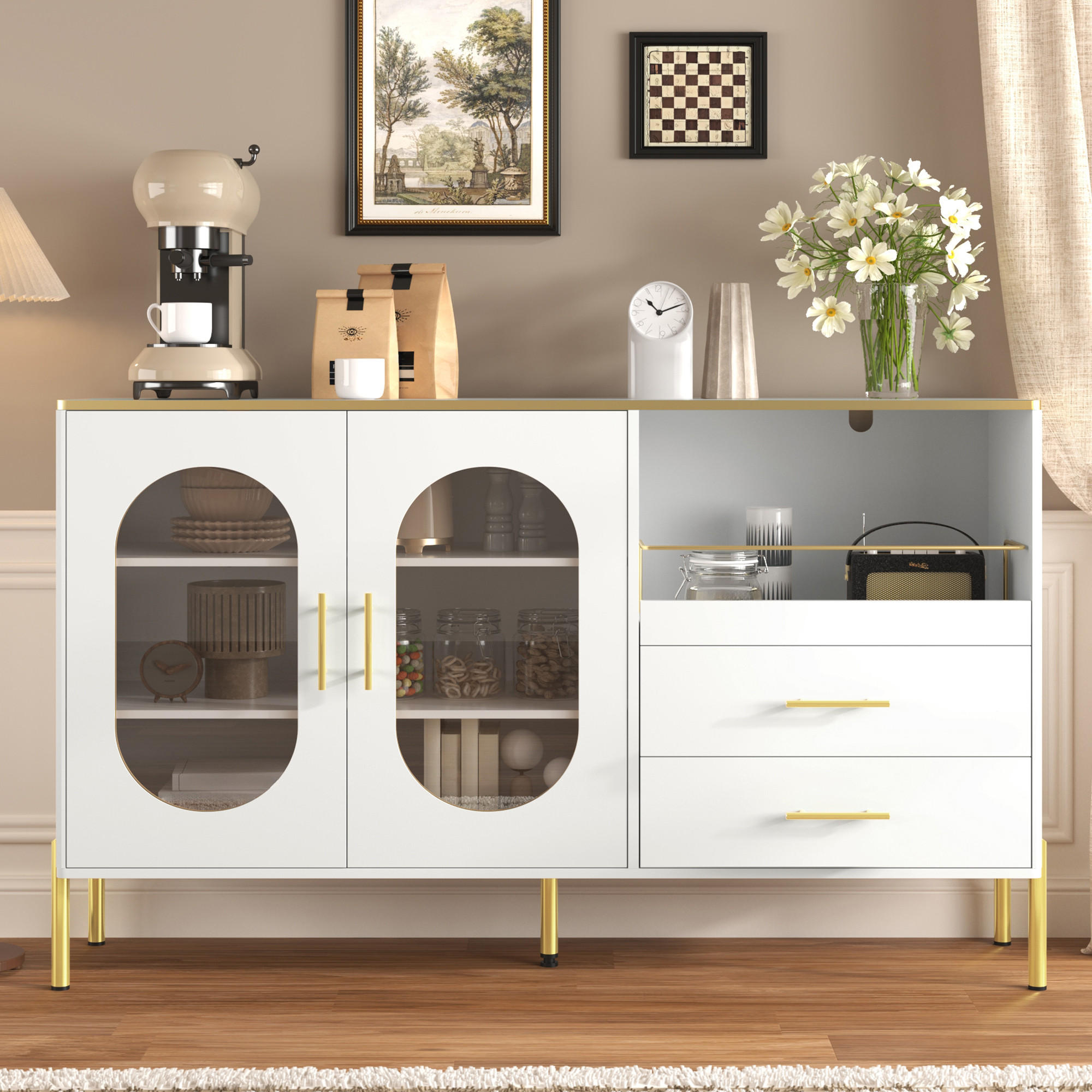 SIDEBOARD 2 Schubladen 2 Glastüren weiß gold - Weiß, Holz (140/90/38cm) - Fortuna Lai