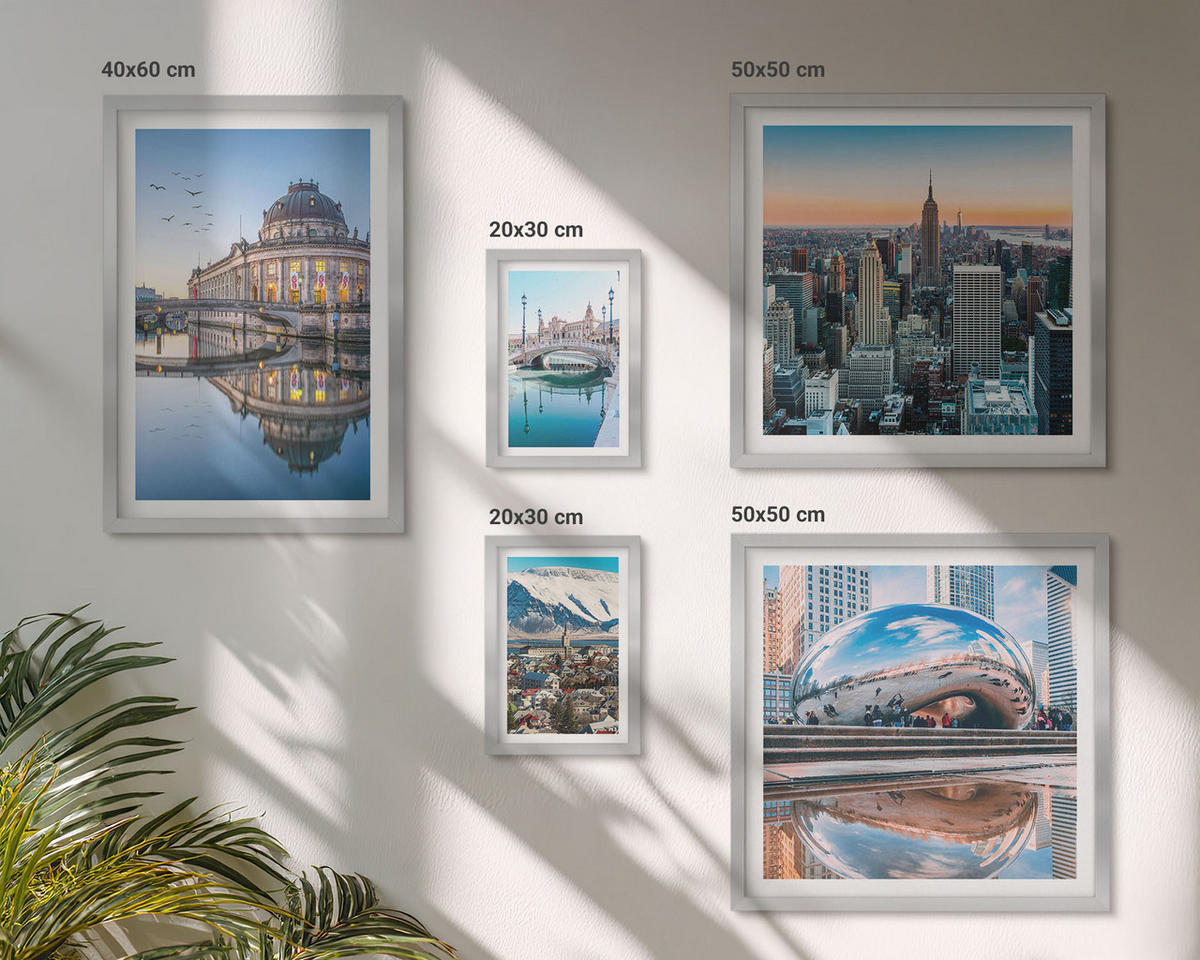 BILDER SET 5er Set - 50x50 cm & 20x30 cm & 40x60 cm Silberner Rahmen - Architektur von Städten am Wasser - Silberfarben, Kunststoff (40/60cm) - TULUP