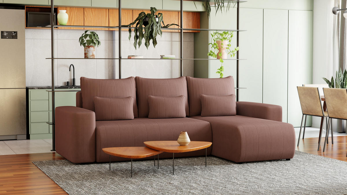 ECKSOFA Travis mit Bettkasten und Schlaffunktion, L-Form, Cord, Universal - Lila, Holzwerkstoff (248/148cm) - 4ALL HOME
