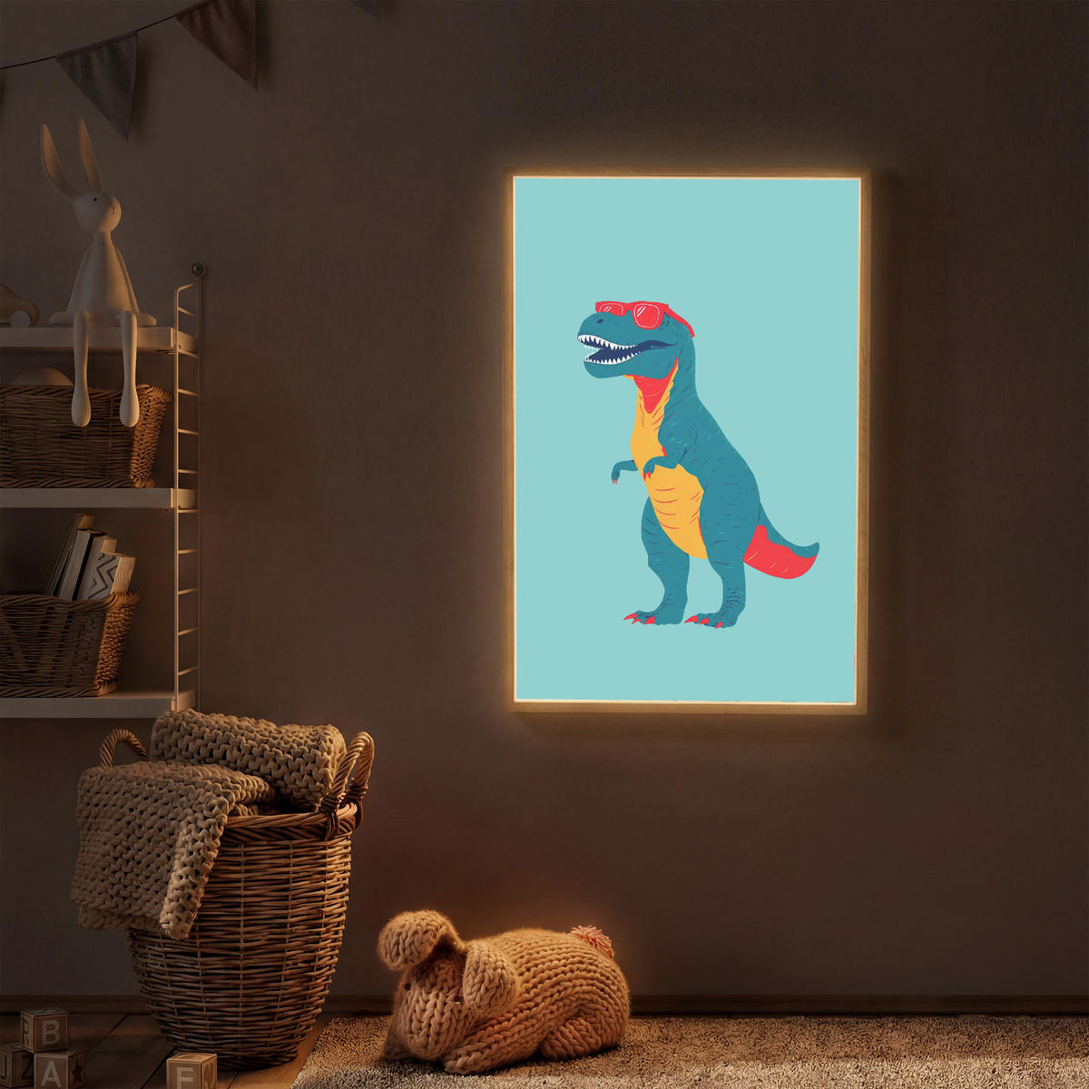 NÁSTĚNNÁ LAMPA S AKUMULÁTOREM Dinosaurus - Modrá - Sluneční brýle 70x100 cm - světle modrá, kompozitní dřevo (70/100/8cm) - OnlyWow