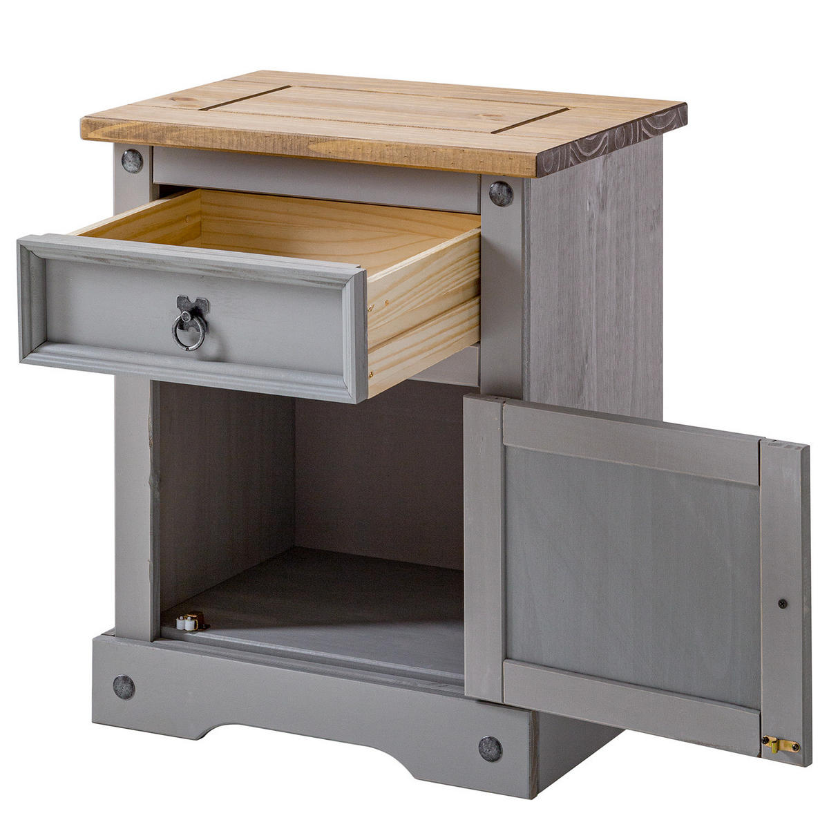 NACHTKOMMODE - Kiefer massiv - Schwarz/Kieferfarben, Holz/Metall (53/67/39cm) - home24