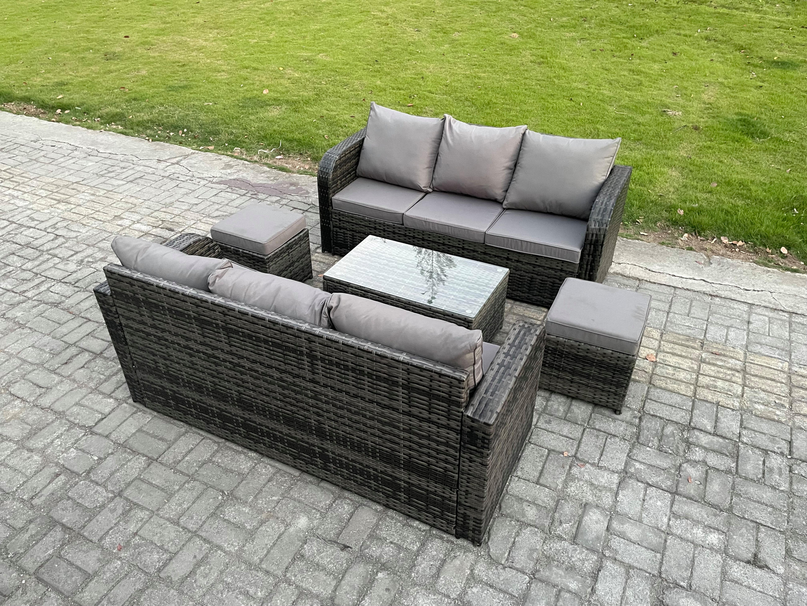GARTENMÖBEL-SET mit Kissen Polyrattan Dunkelgrau 8-Sitzer - Dunkelgrau/Grau, Glas/Kunststoff - Fimous