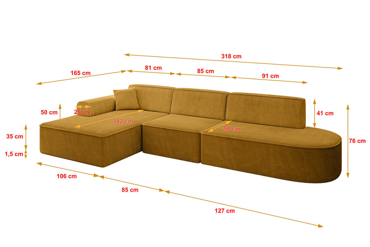 ECKSOFA Ottomane Links IREA-L2-v3 - 318x165x76 cm Senfgelb - Currygelb, Holzwerkstoff/Textil (318/165cm) - ALTDECOR