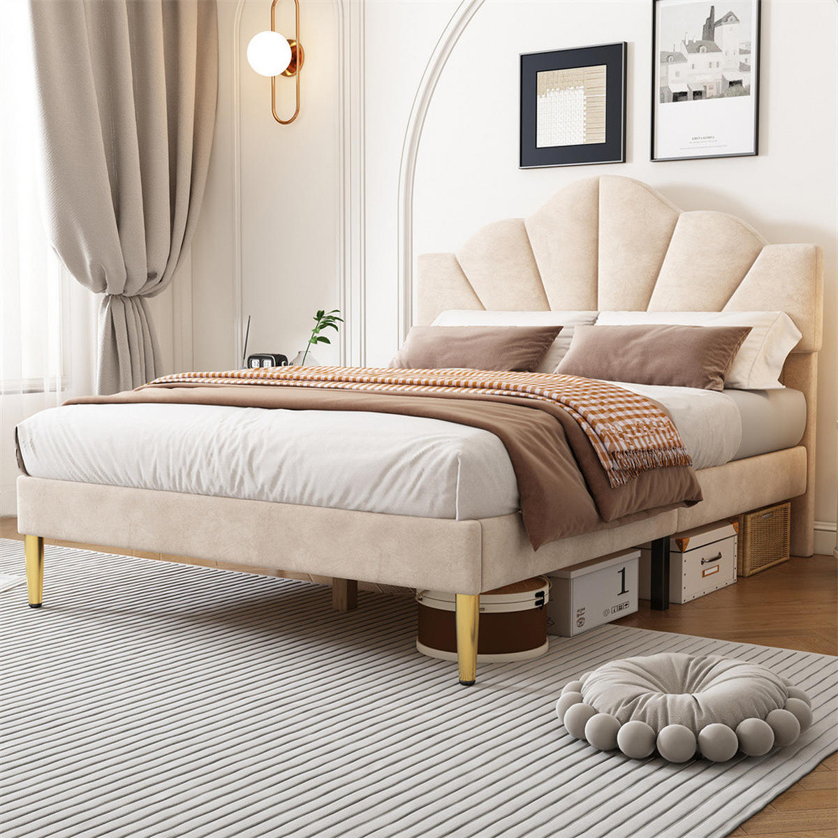 POLSTERBETT 140/200 cm in Beige Samt mit Goldenen Eisenbeinen - Beige, Holz/Textil (140/200cm) - KOMHTOM