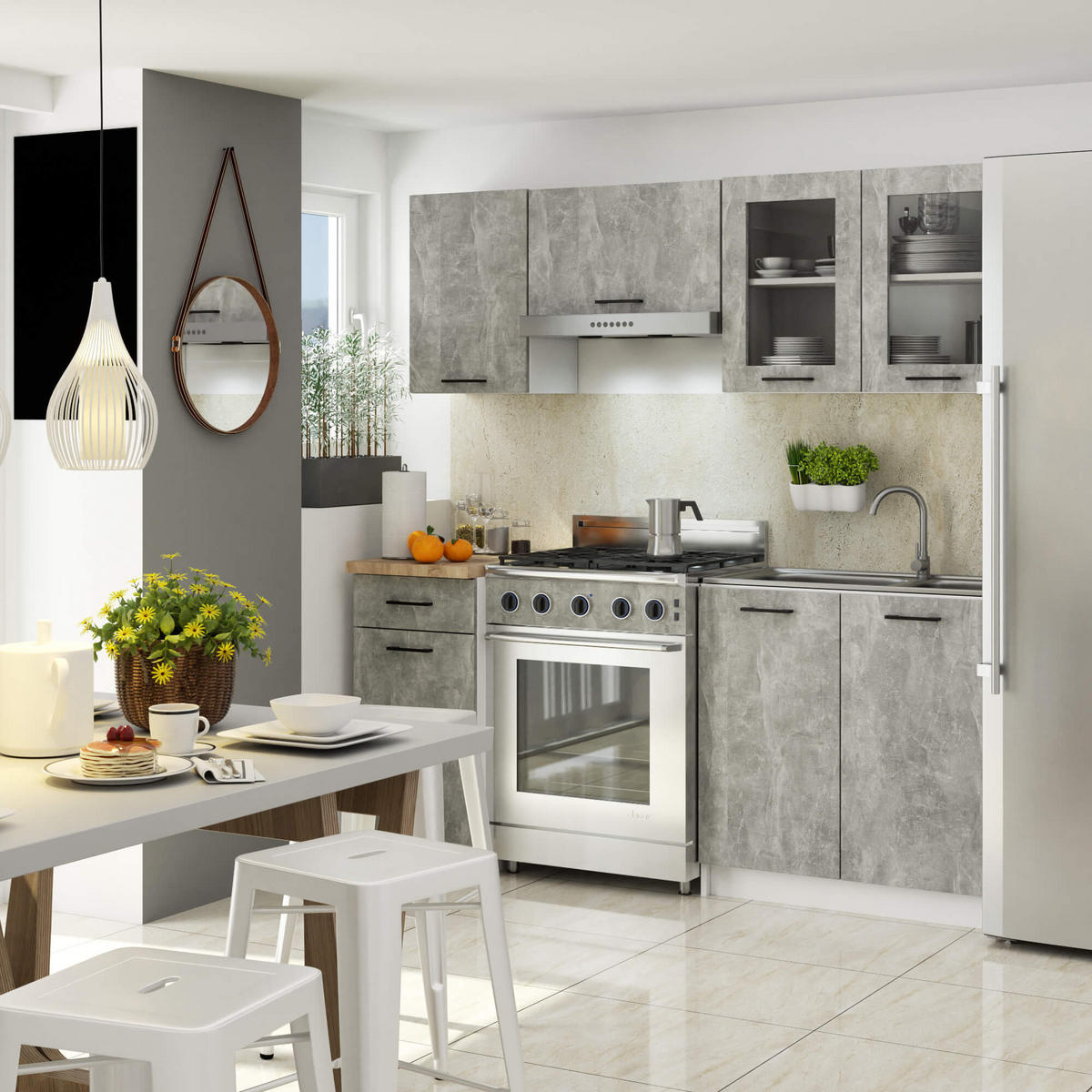 HÄNGESCHRANK Weiß, Beton 58/80/30,5 - Hellgrau/Weiß, Holzwerkstoff (80/58/30cm) - RAUMHIRSCH FURNITURE