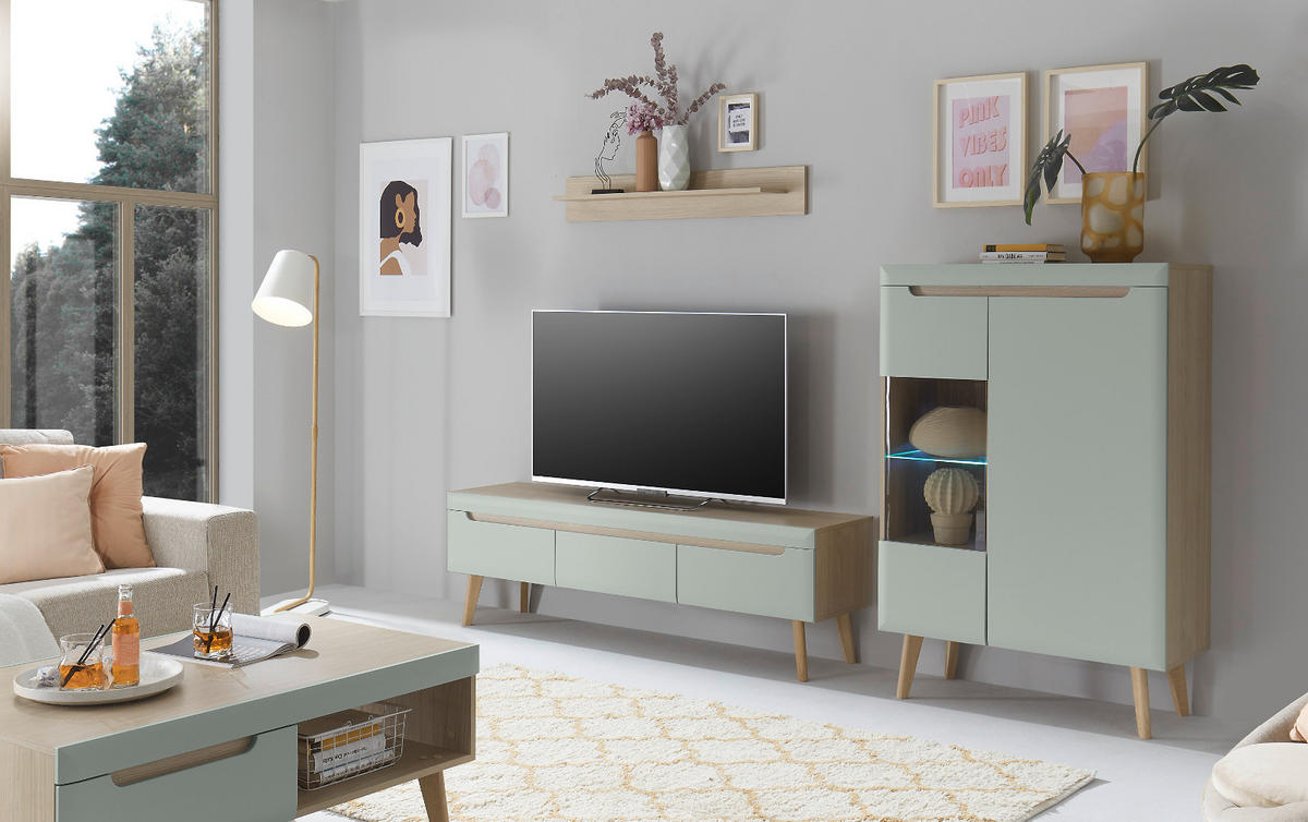 WOHNWAND 3-teilig pistazie grün, Eiche, skandinavisch 270 cm, Schrankwand mit Soft-Close-Funktion - Eichefarben/Pastellgrün, Glas/Eichenholz (270/170/40cm) - Furn.Design