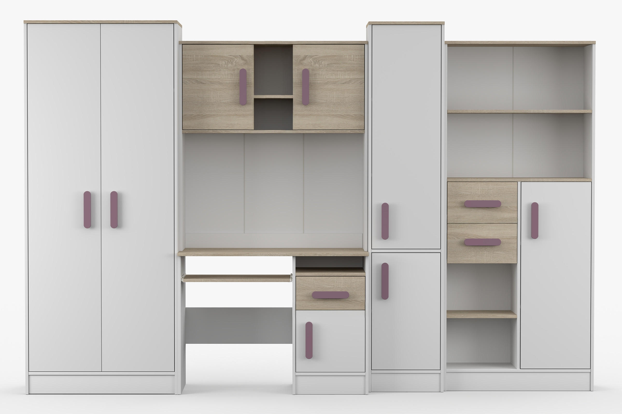 KINDERZIMMER MIKI Korpus Weiß | Griffe Violett - Violett/Weiß, Holz/Holzwerkstoff (300/197/52cm) - Deine Möbel 24