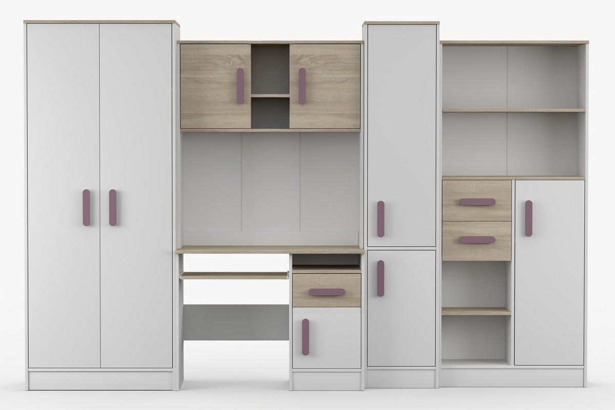 KINDERZIMMER MIKI Korpus Weiß | Griffe Violett - Violett/Weiß, Holz/Holzwerkstoff (300/197/52cm) - Deine Möbel 24