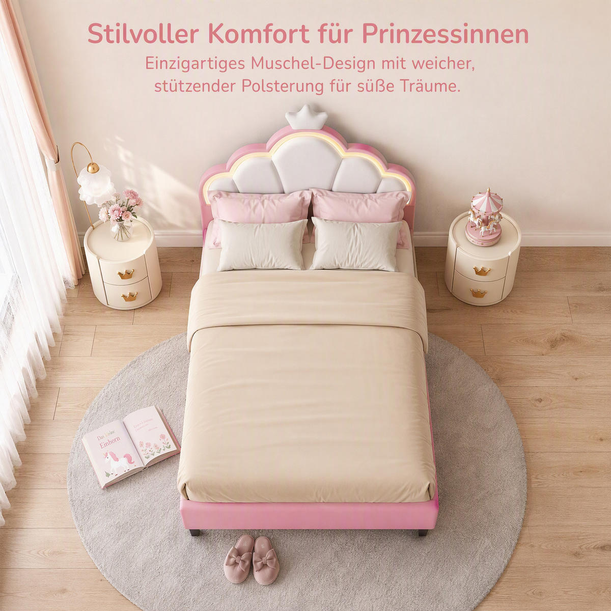 KINDERBETT 90x200 cm mit LED, Kronen-Kopfteil, höhenverstellbar, Samt - Multicolor, Holz/Textil (90/200cm) - GENKI LIVING