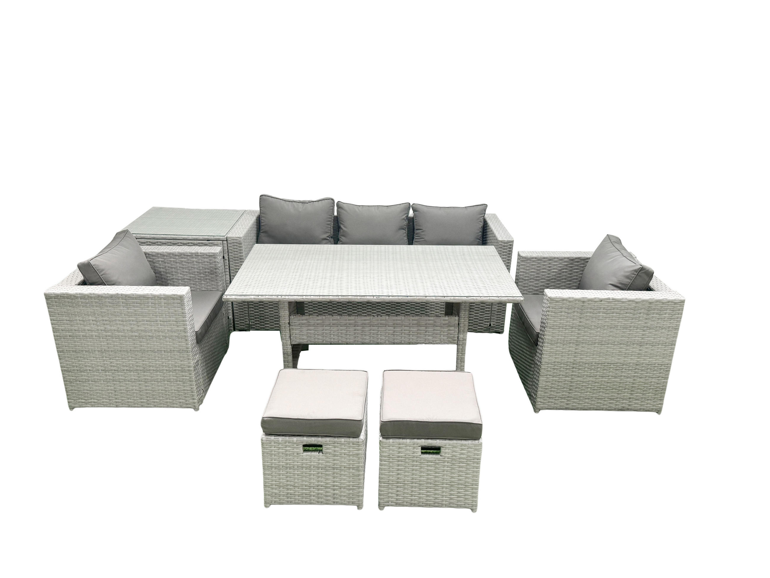 GARTENMÖBEL SET mit Sofa,2 Hockern,Beistelltisch Polyrattan Hellgrau 7-Sitzer - Hellgrau/Grau, Glas/Kunststoff - Fimous