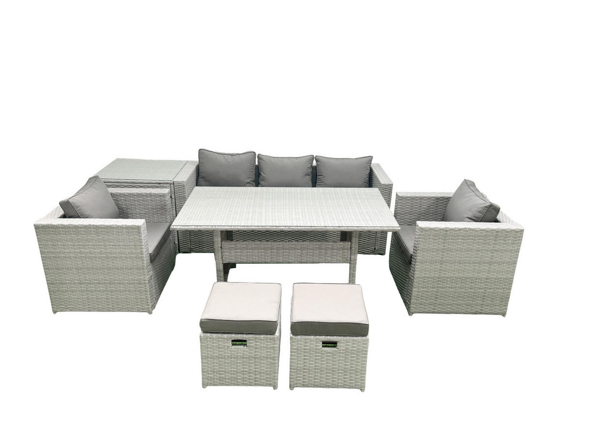 GARTENMÖBEL SET mit Sofa,2 Hockern,Beistelltisch Polyrattan Hellgrau 7-Sitzer - Hellgrau/Grau, Glas/Kunststoff - Fimous