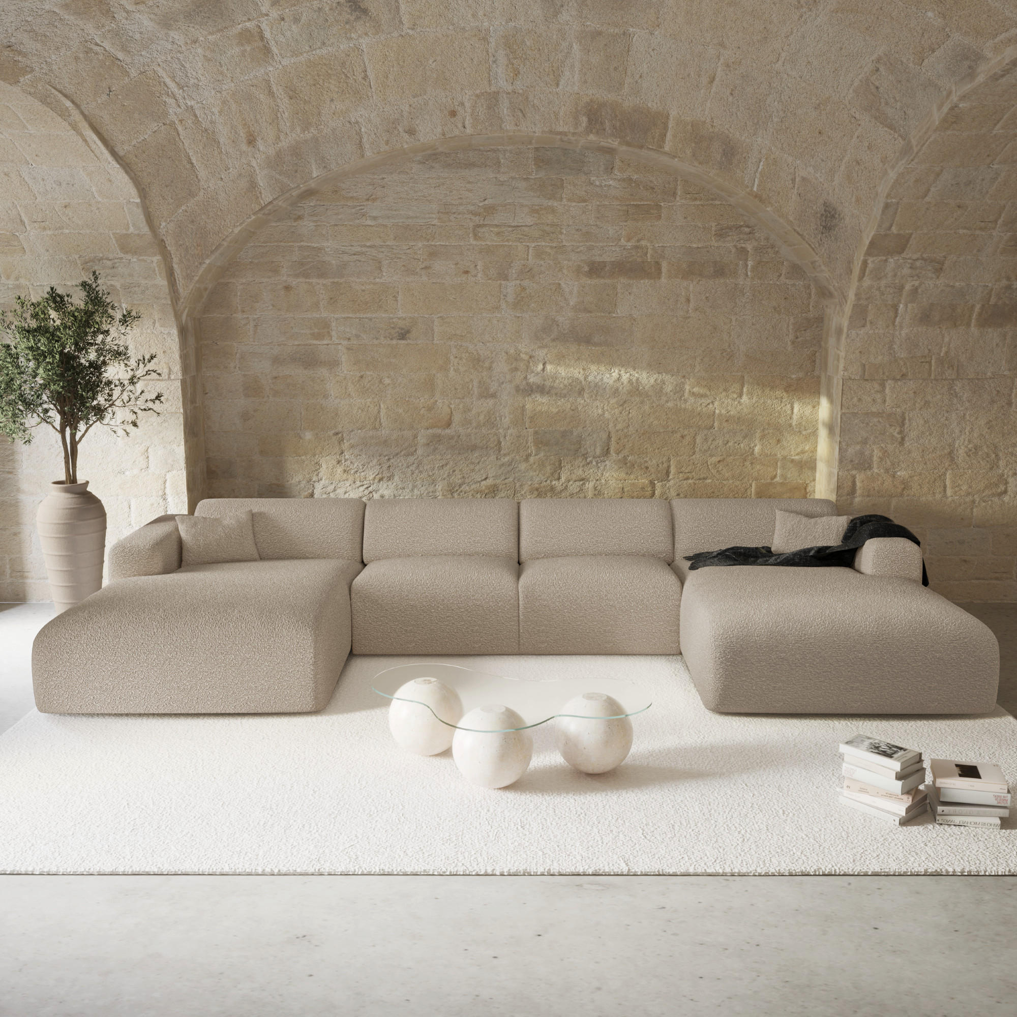 WOHNLANDSCHAFT Bouclé-Stoff Taupe 366cm - Taupe, Textil (366/73/165cm) - Sia Home