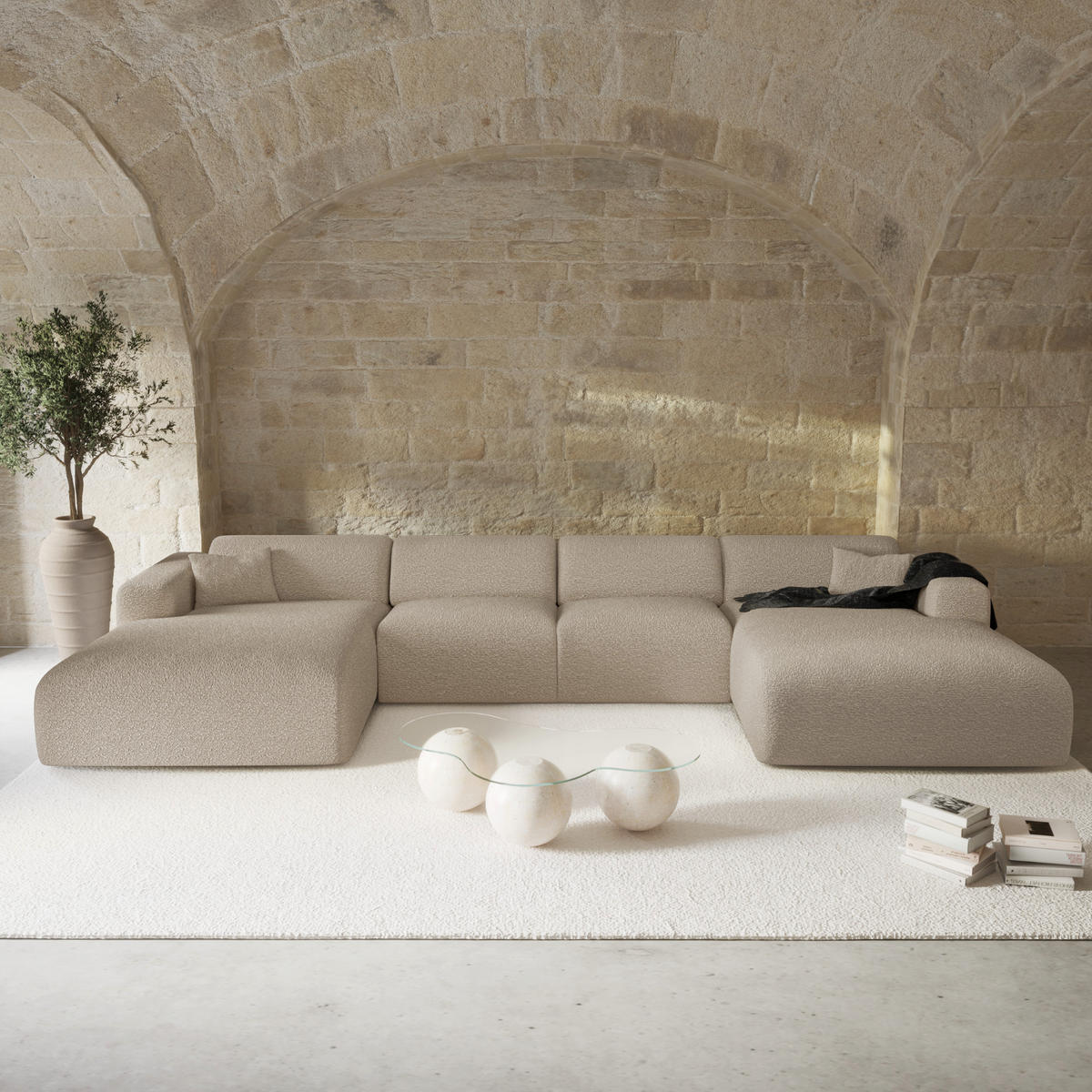 WOHNLANDSCHAFT Bouclé-Stoff Taupe 366cm - Taupe, Textil (366/73/165cm) - Sia Home