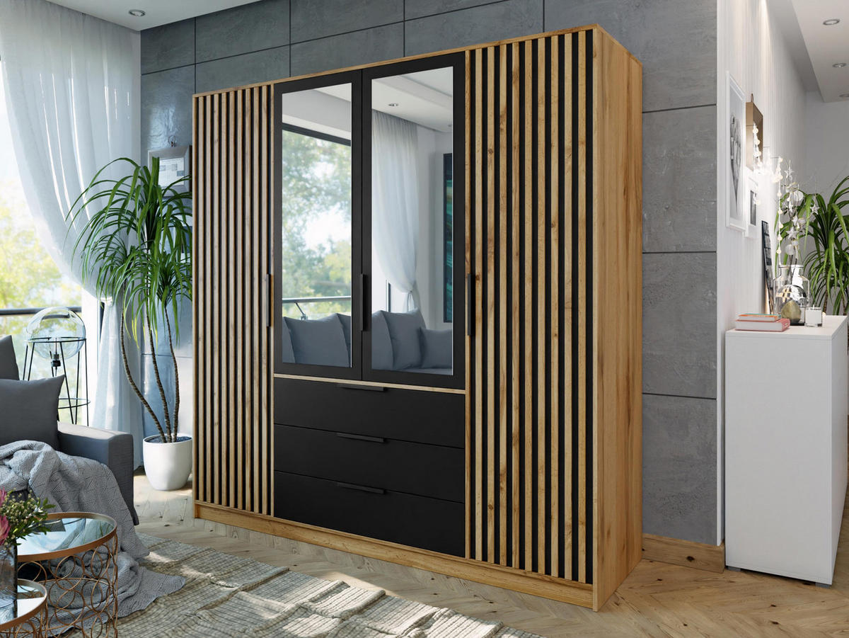 KLEIDERSCHRANK Bali Lux D4 - Schwarz/Braun, Holzwerkstoff/Metall (196/200/58cm) - MIRJAN24