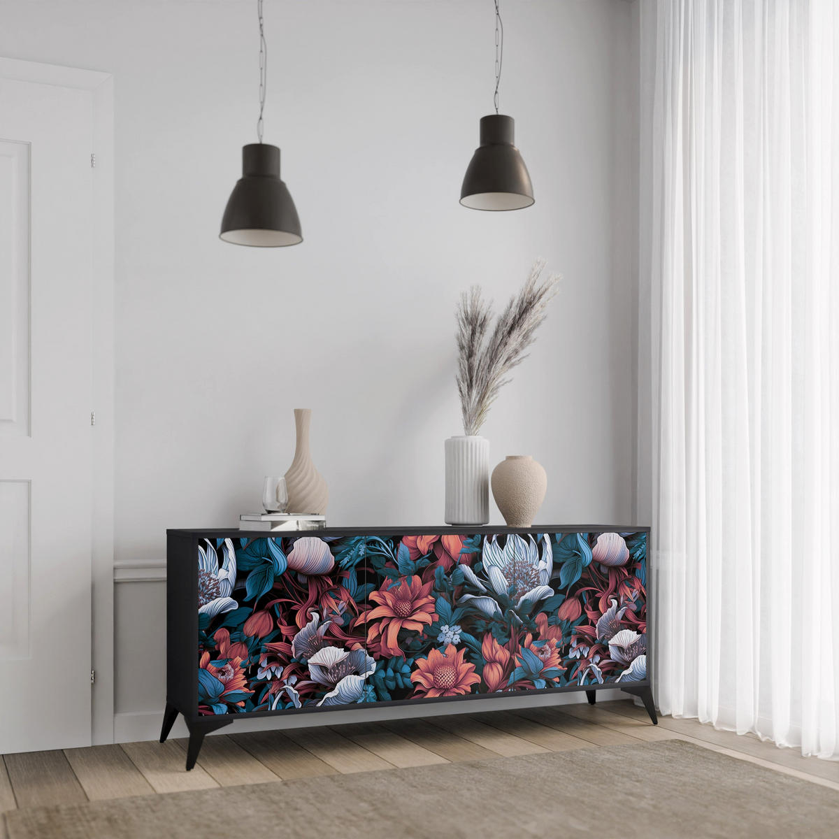 SIDEBOARD ETHEREAL BLOSSOMS, Eicheneffekt, 164,5x42x77,5 cm, 3 Türen - Eichefarben/Buchefarben, Holzwerkstoff/Buchenholz (164.5/77.5/42cm) - SpaceRebels