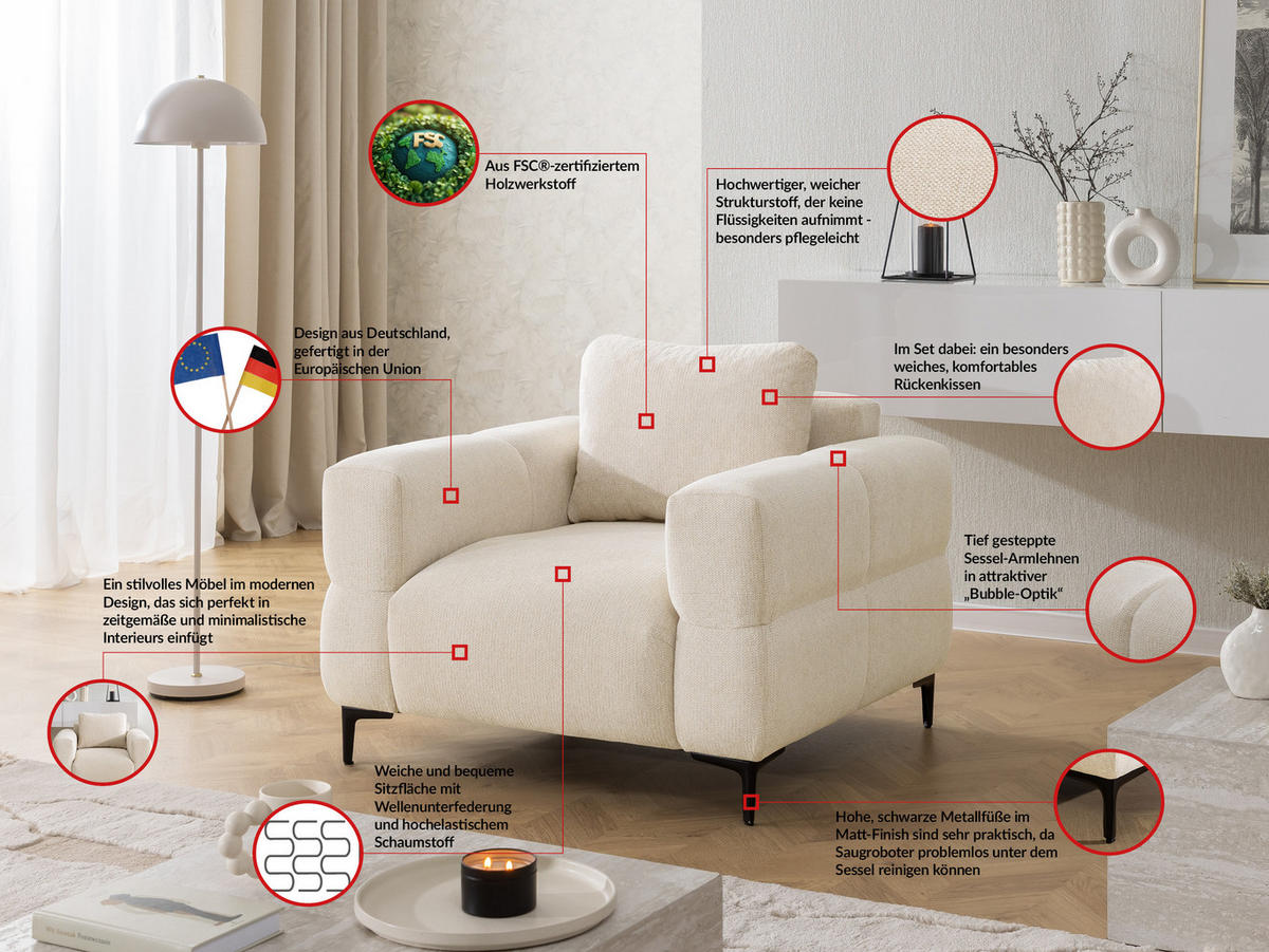 SITZGARNITUR 3+1 Cardea in Bubble-Optik aus weichem Hellbeige Strukturstoff mit hohem Sitzkomfort - Beige/Schwarz, Holz/Textil (217/80/97cm) - S-Style Möbel