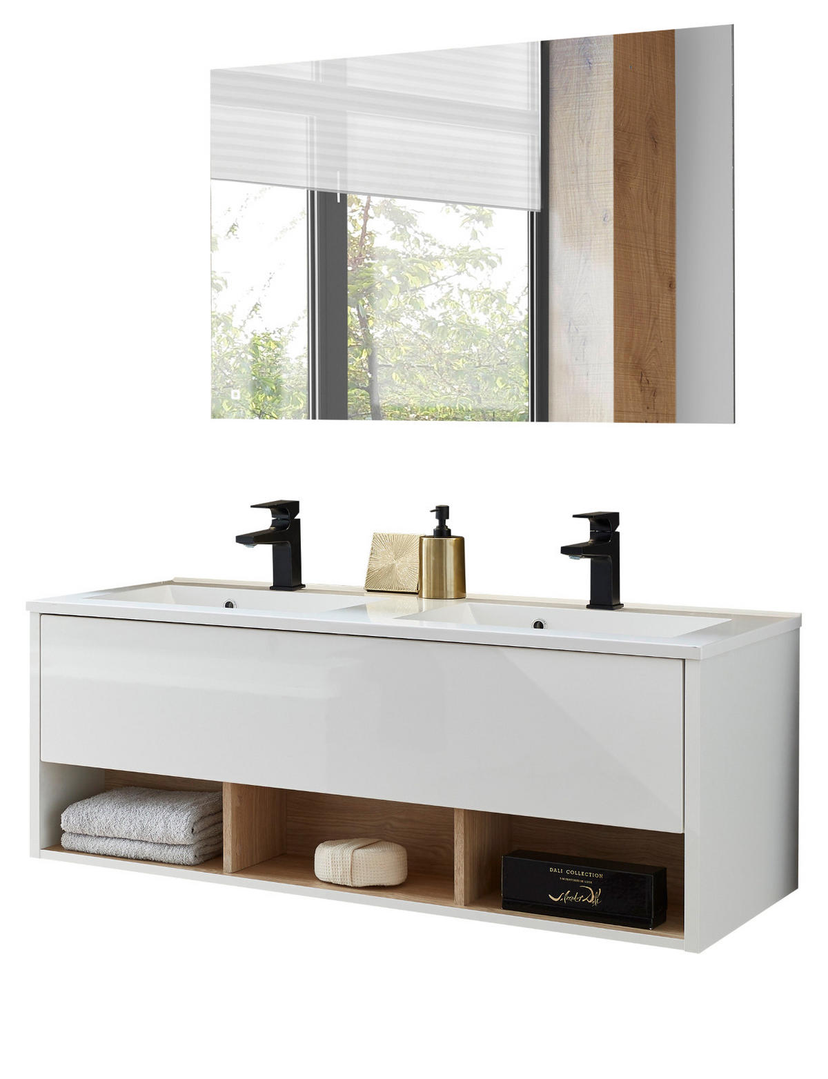 BADMÖBEL Set in weiß Hochglanz und Eiche mit Doppelwaschbecken und LED Beleuchtung 120 x 190 cm Glide - Weiß Hochglanz, Glas/Holzwerkstoff (120/190/47cm) - Furn.Design