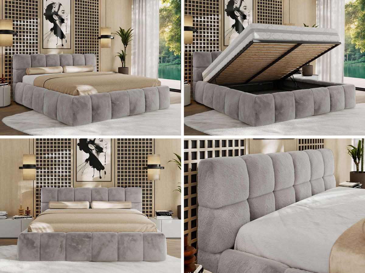 POLSTERBETT NIRA CLASSIC 180/200 - Hellgrau Plüsch - Schaum-Matratze - Hellgrau, Textil (180/200cm) - MKS