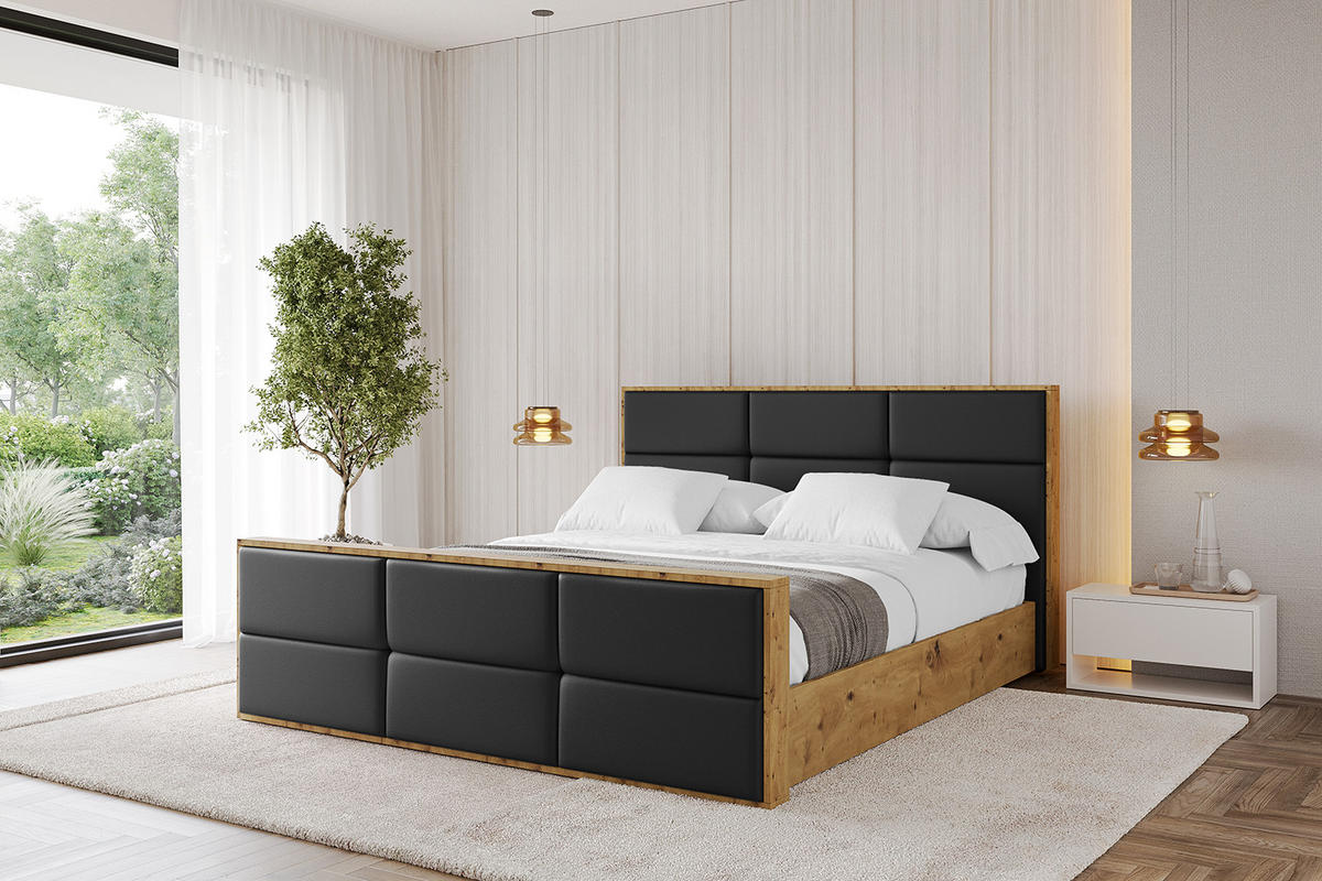 POLSTERBETT mit Bettkasten, Fußteil und Lattenrost, Boxbett mit Matratze H3/H4 - ENZO1-Z 180x200 Schwarz Kunstleder - Schwarz Hochglanz, Holzwerkstoff/Textil (180/200cm) - ALTDECOR