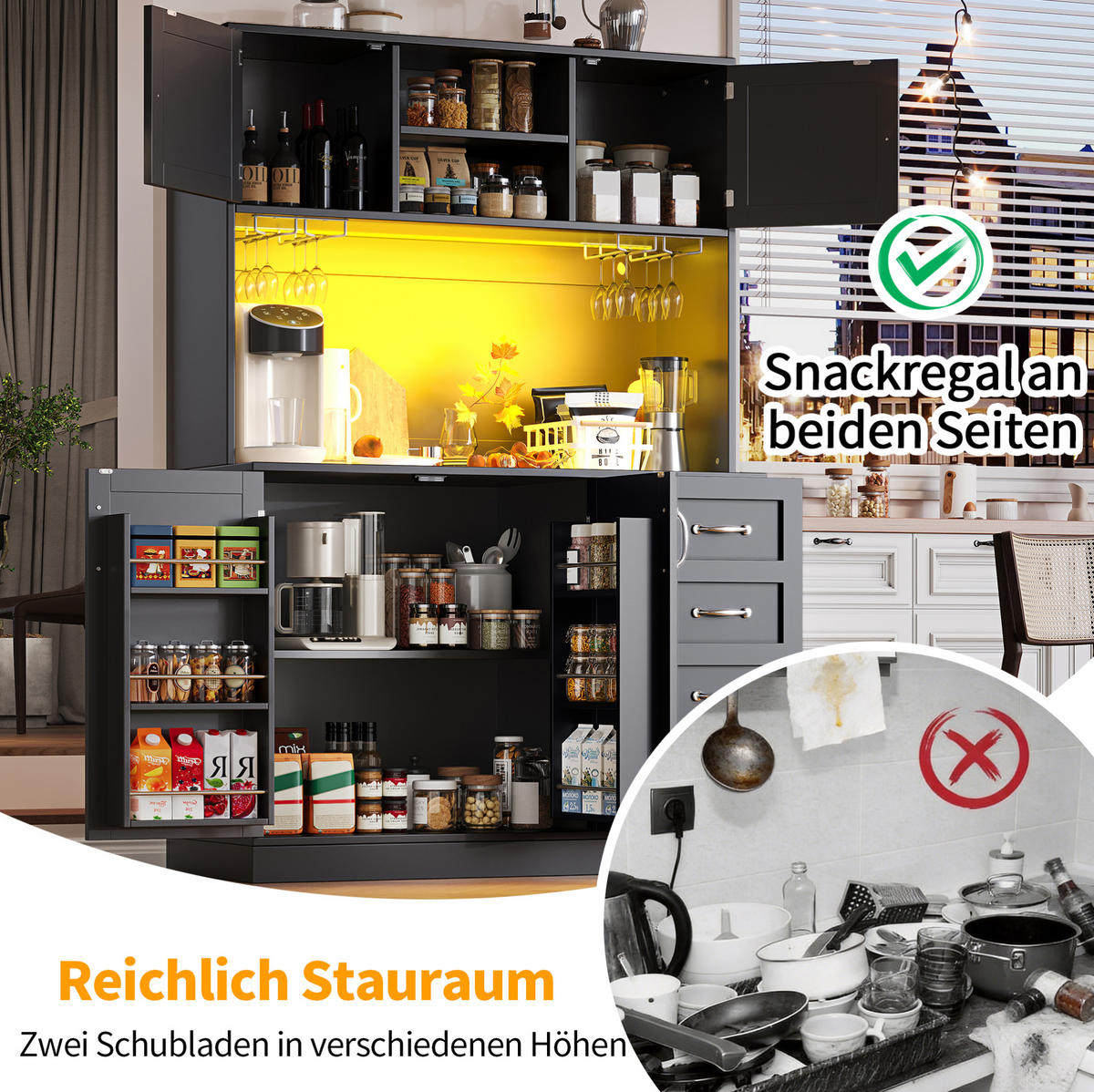 BUFFETSCHRANK 120/40/188 cm mit LED-Beleuchtung, Getränkhaltern, 4 Türen und 2 Schubladen, MDF, Schwarz - Schwarz, Holzwerkstoff (120/188/40cm) - Redom