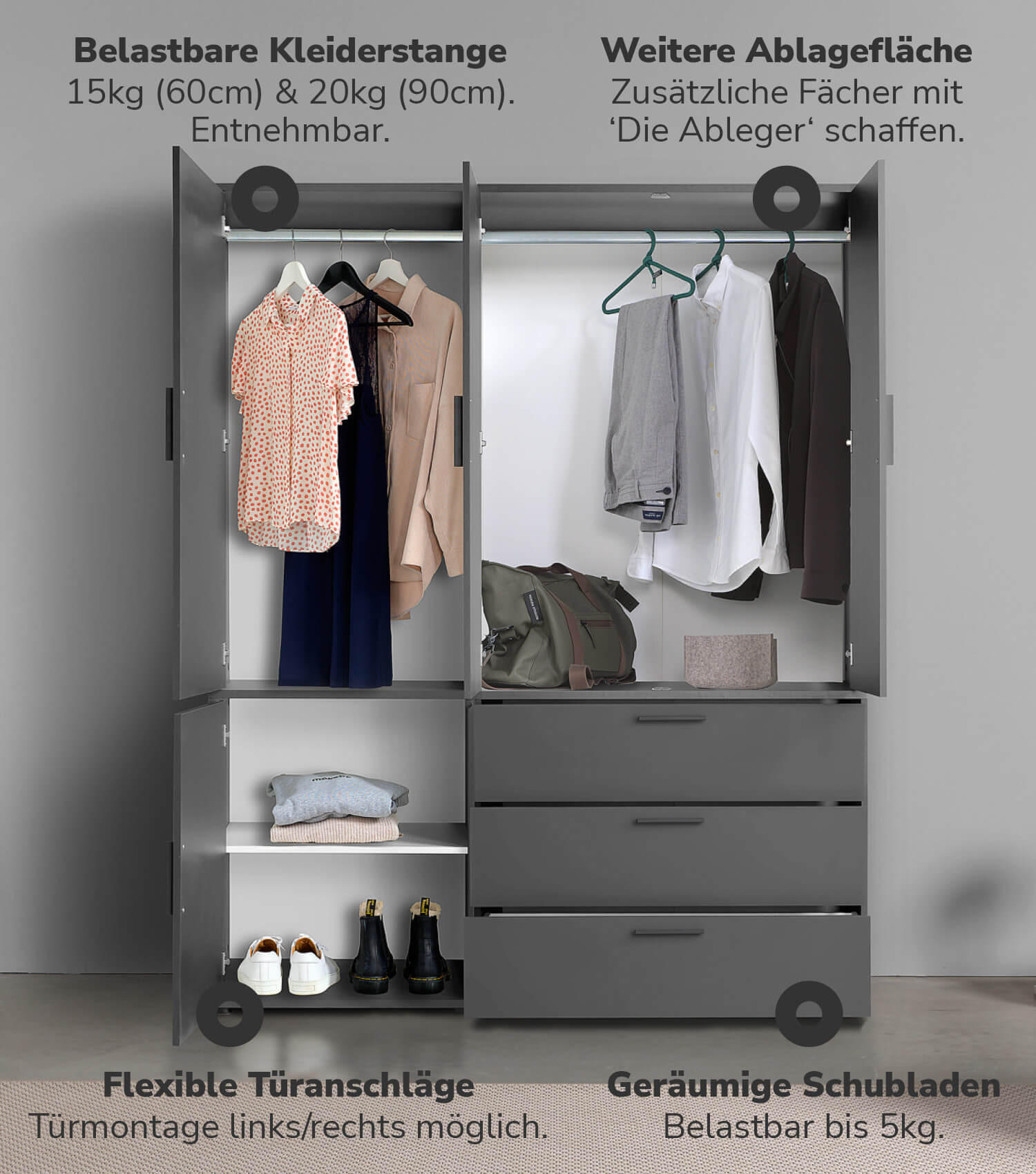 KLEIDERSCHRANK mit Spiegel Der Grenzenlose - Anthrazit, Holzwerkstoff (150/187/58cm) - Mokebo