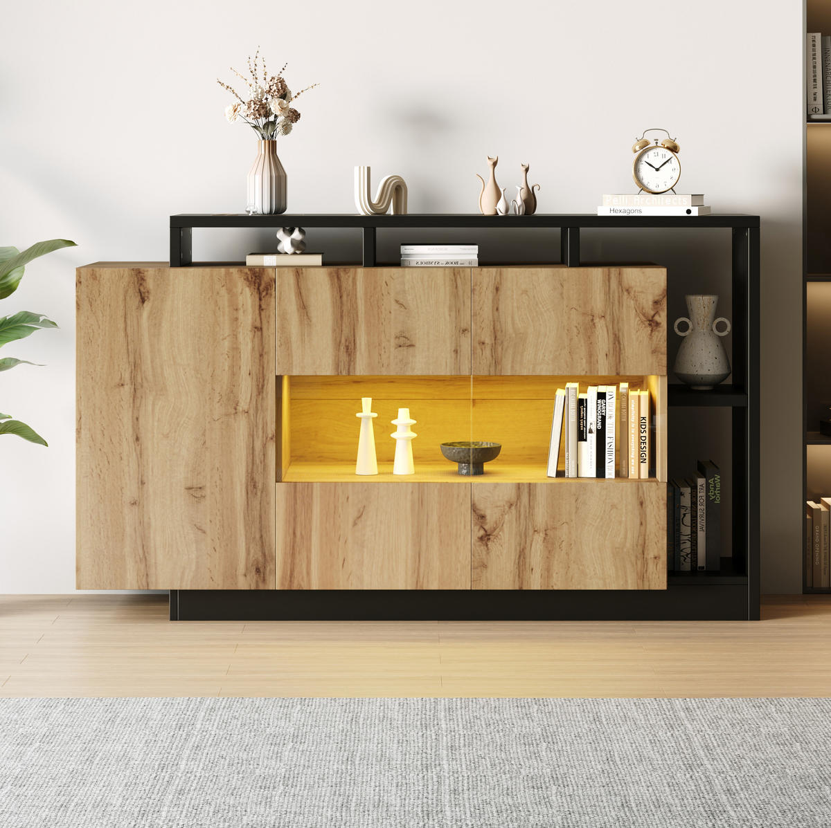 SIDEBOARD mit RGB-LED und Bluetooth, Holzoptik MDF, matte Oberfläche und schwarzem Metallrahmen, 140/44/93,5 cm,Naturfarben - Naturfarben, Holzwerkstoff (140/93.5/44cm) - Redom