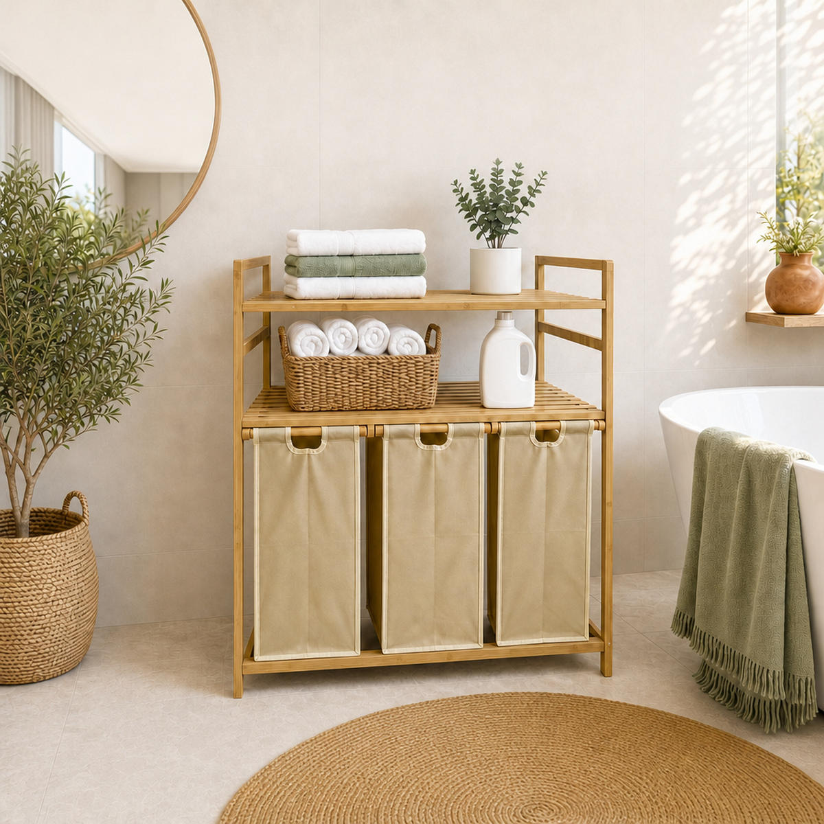 WÄSCHESAMMLER Natur Beige 3er-Set Bambus - Multicolor, Holz/Textil (78/100/41.5cm) - Relaxdays