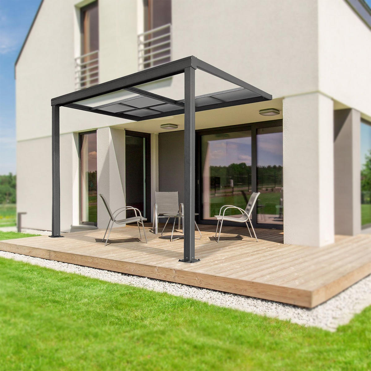 TERRASSENDACH Jakarta 3x3m dunkelgrau mit Polycarbonatplatten - Dunkelgrau, Metall (300/254/300cm) - Juskys