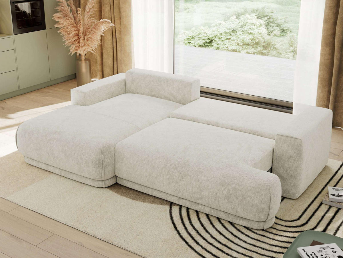 ECKSCHLAFSOFA RINA L Creme Schenille grob gewebt - links - Creme/Schwarz, Kunststoff/Textil (267/170cm) - MKS