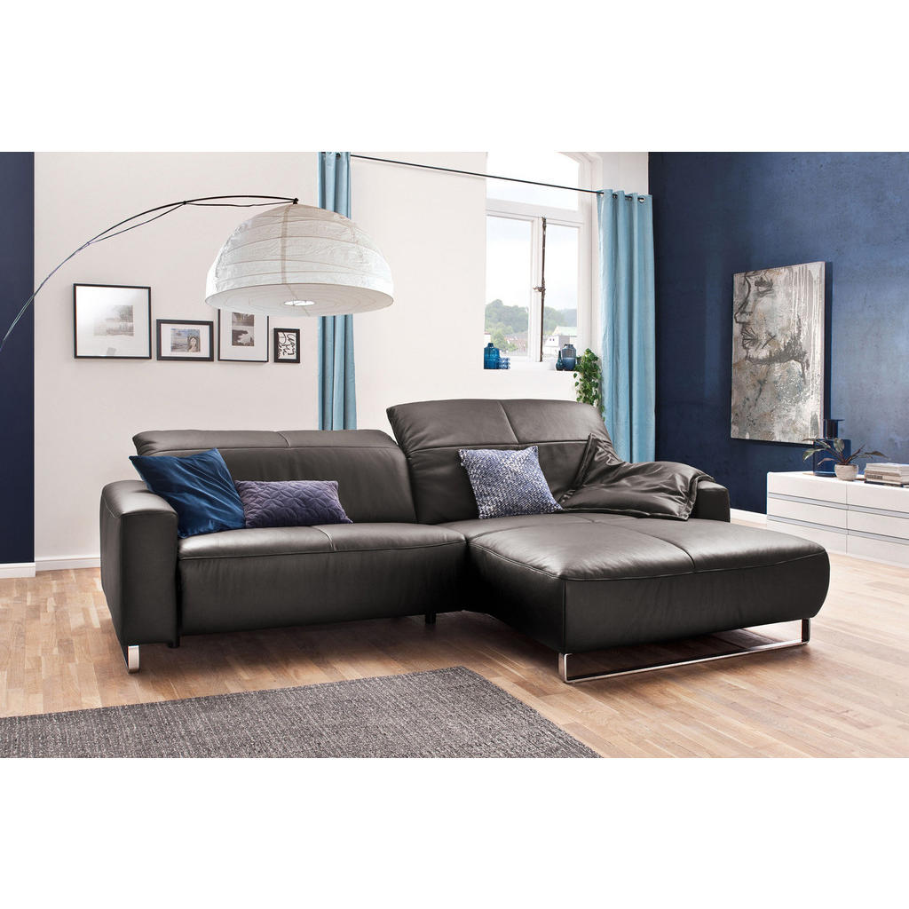 Thumbnail - Kawola Ecksofa, Anthrazit, Silber, Leder, Echtholz, 3-Sitzer, Füllung: Komfortschaum, Ottomane rechts, L-Form, 284x180 c...