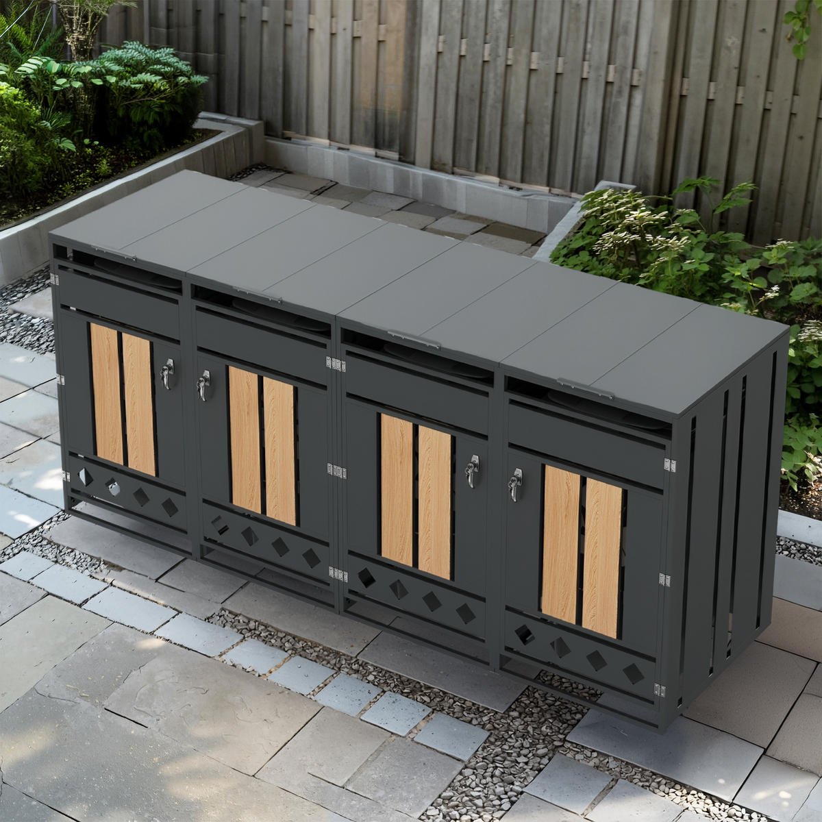 MÜLLTONNENBOX Klappdeckel 4 Türen Holzoptik vertikal - Grau, Metall (132/118.5/80cm) - LEBENLANG