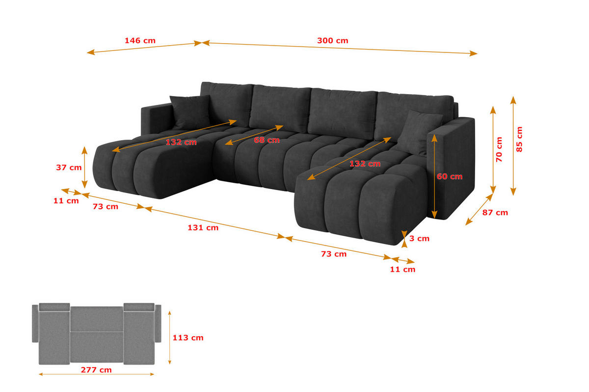 SEDACÍ SOUPRAVA DO U s funkcí spaní a úložným prostorem GARD-U 300x146x85 tmavě šedá velur - černá/antracitová, kompozitní dřevo/textil (300/85/146cm) - ALTDECOR