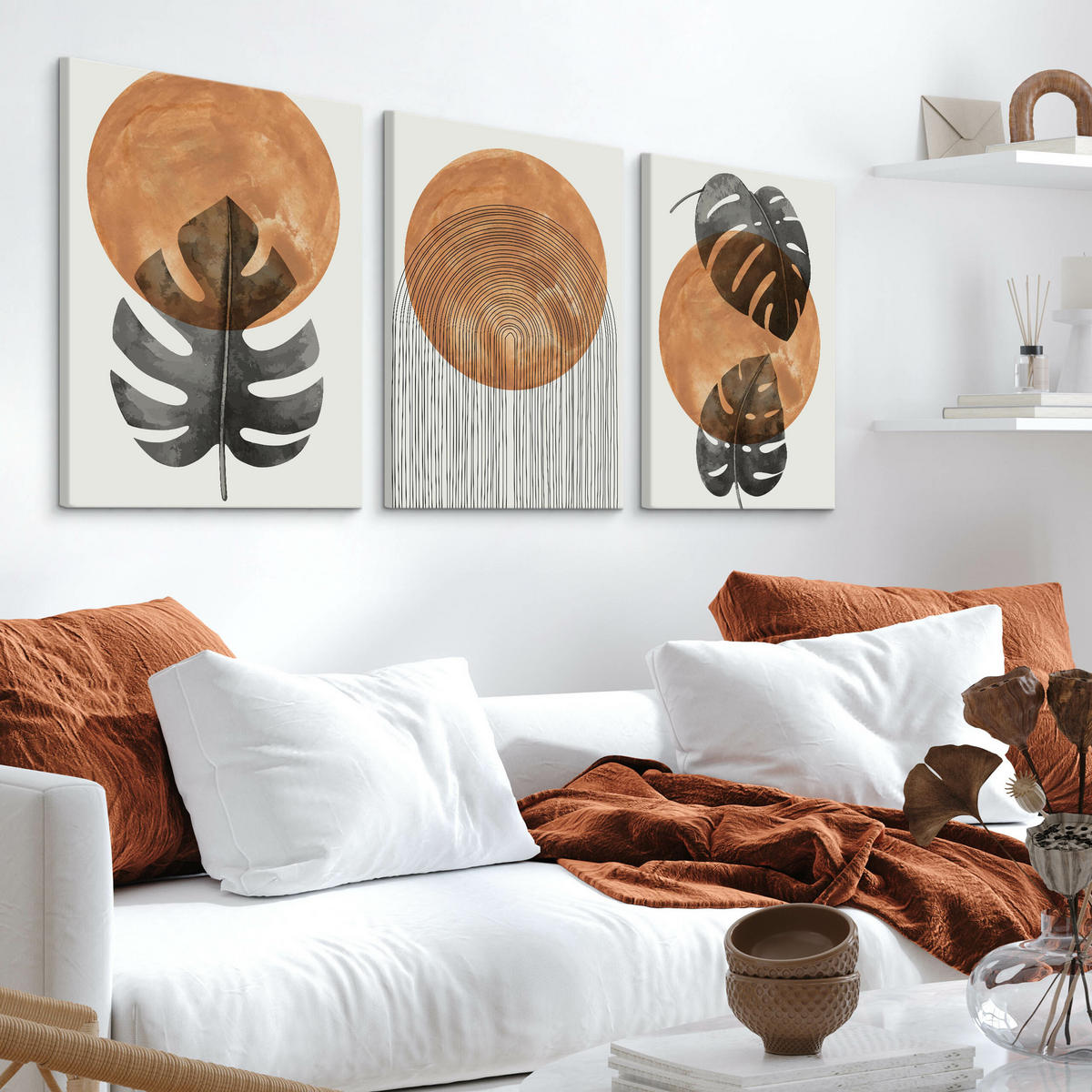 LEINWANDBILDER 3-es Set Blätter Kreise - Schwarz/Weiß, Textil (90/40cm) - Muralo