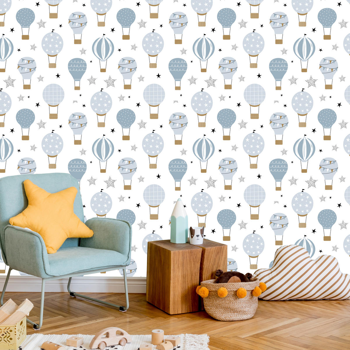 VLIESTAPETE Heißluftballons und Sterne – Hellblau, Beige, Weiß – 50x1000 cm - Beige/Weiß, Papier (50/1000cm) - Muralo