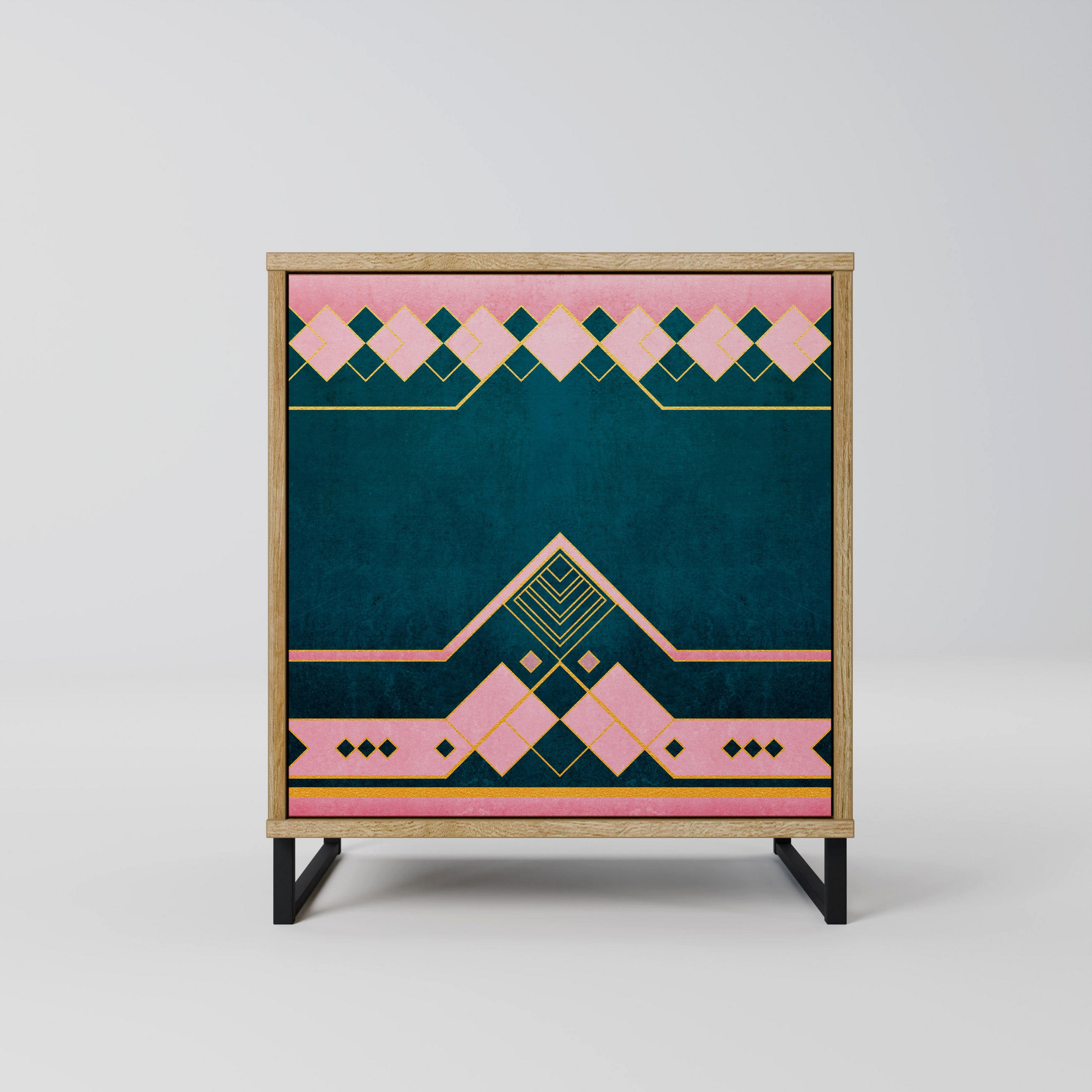 SIDEBOARD ROYAL COMPOSITION, Eichefarben, 57,5x42x67,5 cm, Schwarze Metall-Rahmenfüße - Eichefarben/Multicolor, Holzwerkstoff/Metall (57.5/67.5/42cm) - SpaceRebels