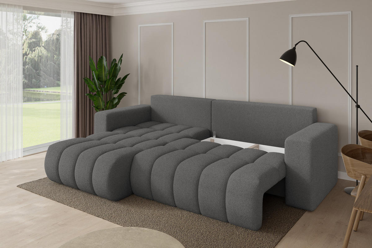 ROHOVÁ SEDAČKA s funkcí spaní, otoman vlevo MILA-L-v1 277x195x86 šedá bouclé - šedá/černá, kompozitní dřevo/textil (277/194cm) - ALTDECOR