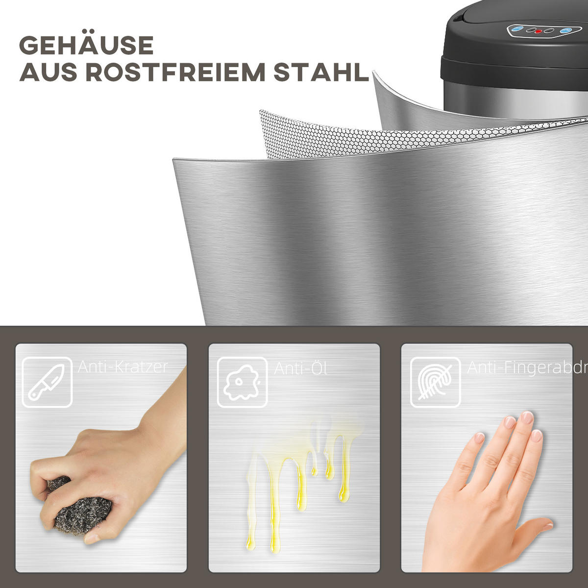 MÜLLEIMER mit Sensor 42L Edelstahl Automatischer Mülleimer mit Soft-Close-Deckel - Silberfarben, Metall (30.5/68/30.5cm) - HOMCOM